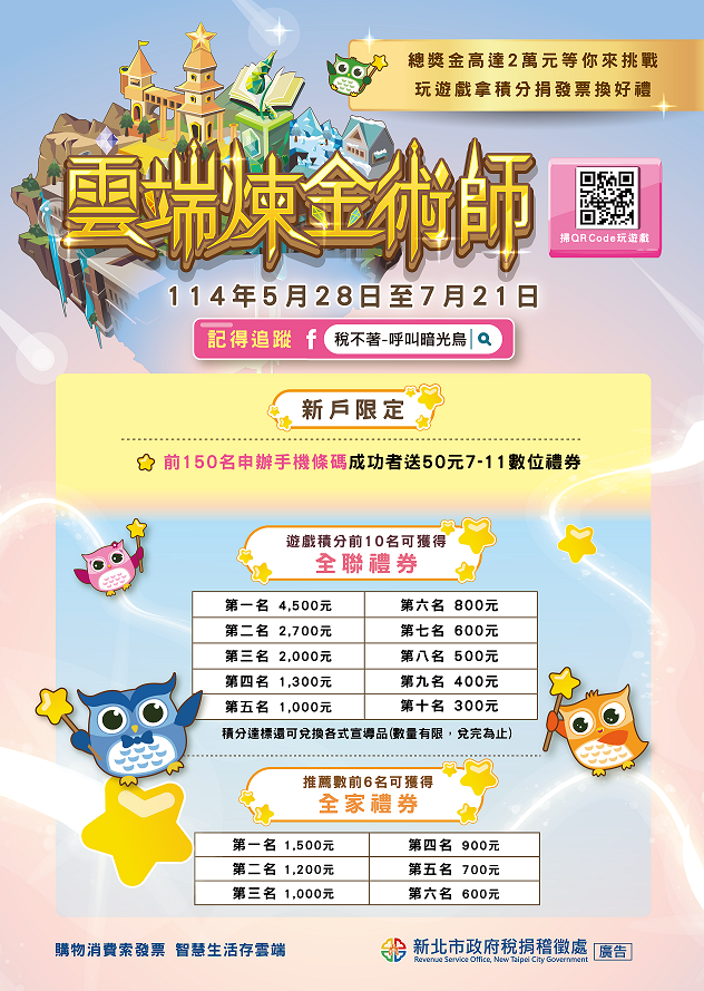 有關新北市政府稅捐稽徵處於114年5月28日至7月21日舉辦「雲端煉金術師」網頁互動遊戲，請民眾踴躍參加。圖示